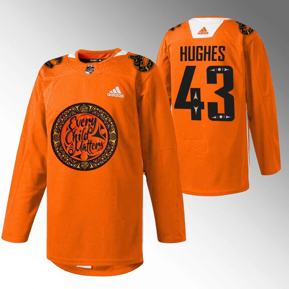 Quinn Hughes Vancouver Canucks National Day for Truth and Reconciliation Orange 2022 Jersey Warmup