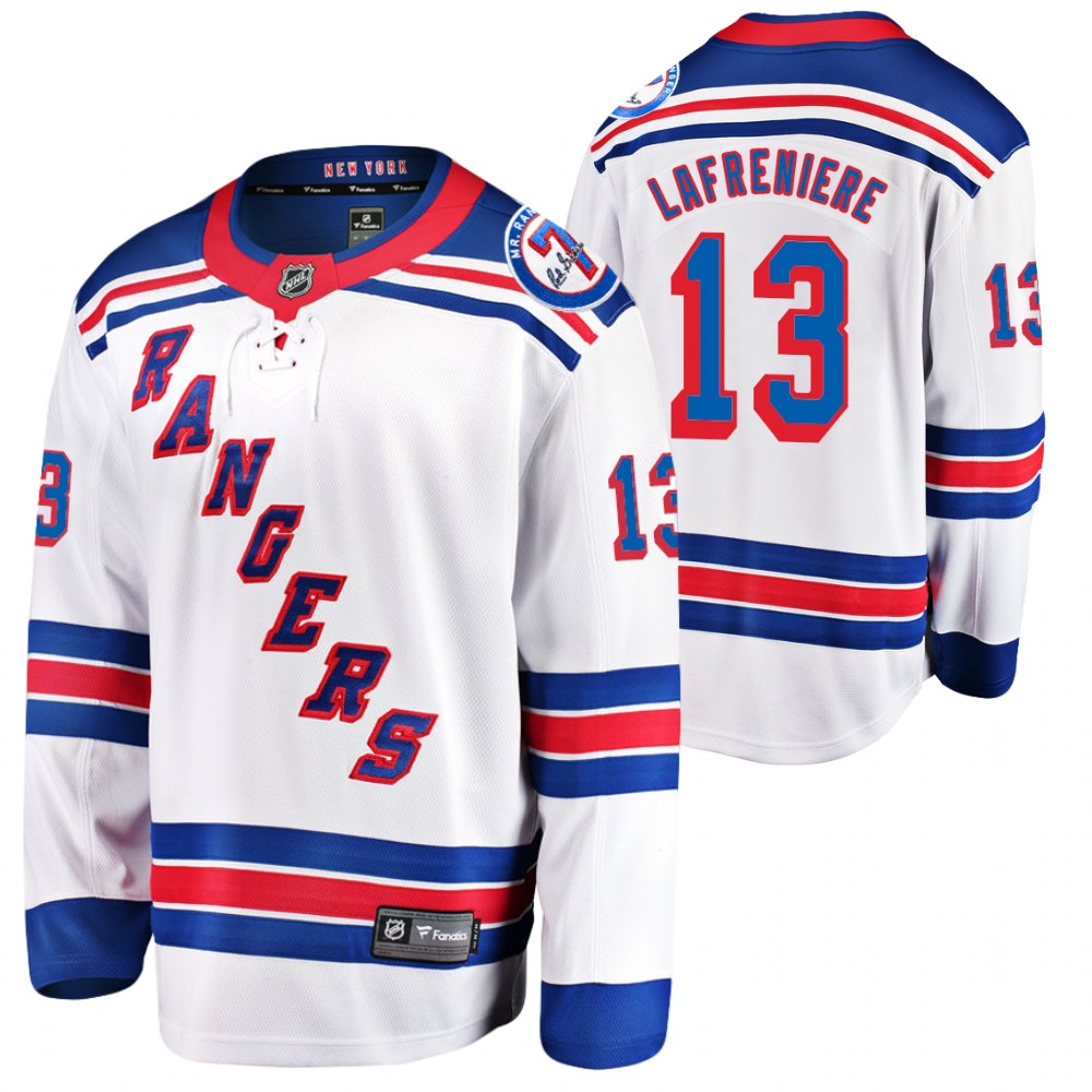 Rangers #13 Alexis Lafreniere White Mr. Ranger 7 Memorial Patch Jersey