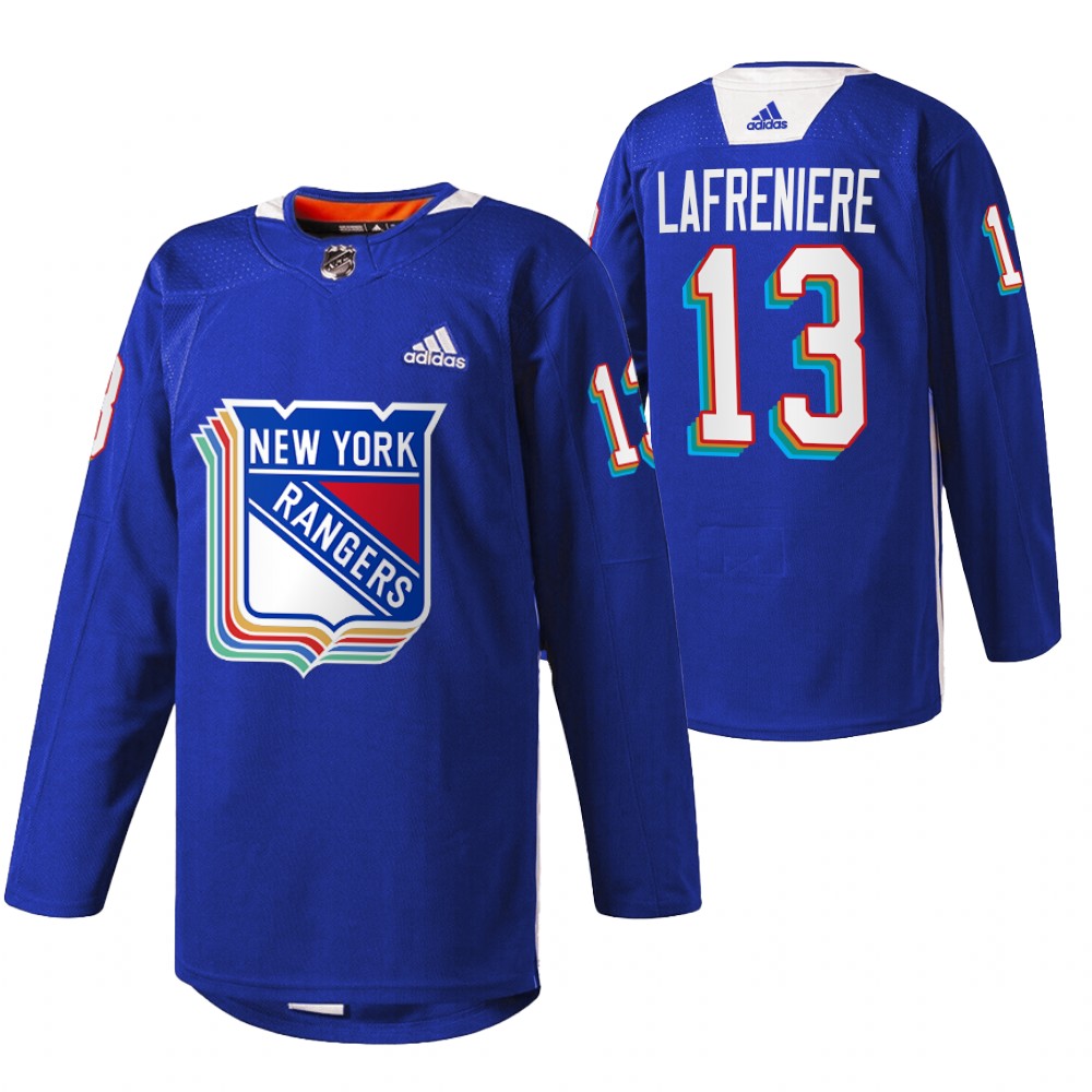 Rangers Alexis Lafreniere 2022 Pride Night Royal Warmup Jersey