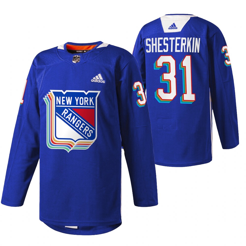 Rangers Igor Shesterkin 2022 Pride Night Royal Warmup Jersey
