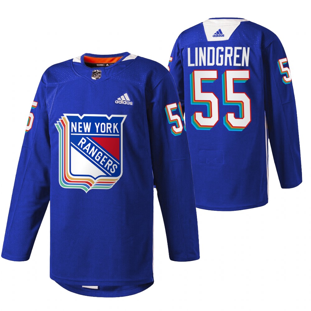 Rangers Ryan Lindgren 2022 Pride Night Royal Warmup Jersey