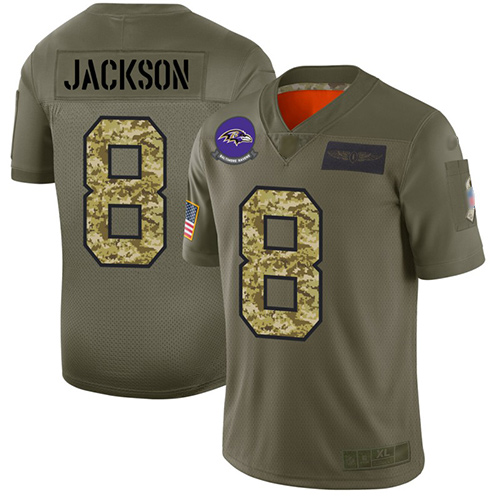 Ravens #8 Lamar Jackson Olive Camo Men's Stitched Football Limited 2019 Salute To Service Jersey