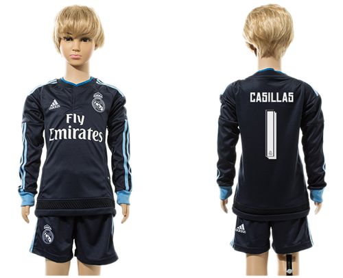 Real Madrid #1 Casillas Navy Blue Long Sleeves Kid Soccer Club Jersey