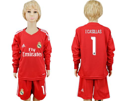 Real Madrid #1 I Casillas Red Goalkeeper Long Sleeves Kid Soccer Club Jersey