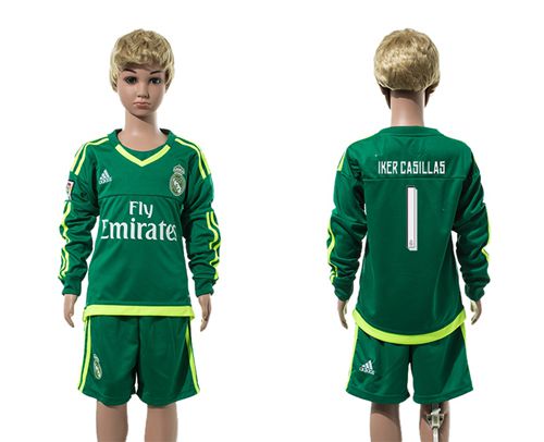 Real Madrid #1 Iker Casillas Green Long Sleeves Kid Soccer Club