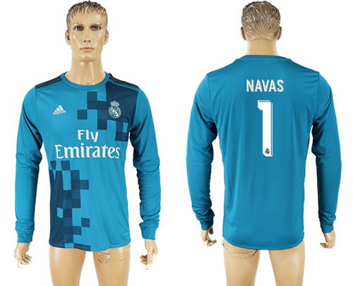 Real Madrid #1 Navas Sec Away Long Sleeves Soccer Club Jersey