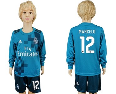 Real Madrid #12 Marcelo Sec Away Long Sleeves Kid Soccer Club Jersey