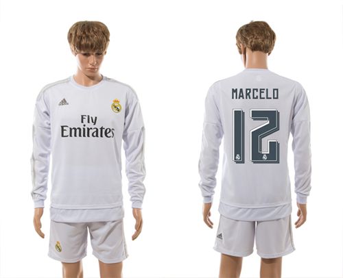 Real Madrid #12 Marcelo White Home Long Sleeves Soccer Club Jersey