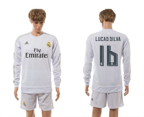 Real Madrid #16 Lucas Silva White Home Long Sleeves Soccer Club Jersey