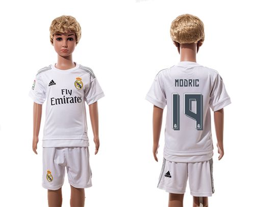 Real Madrid #19 Modric White Home Kid Soccer Club Jersey
