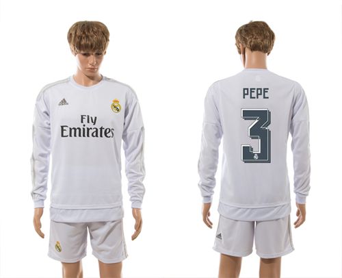 Real Madrid #3 Pepe White Home Long Sleeves Soccer Club Jersey