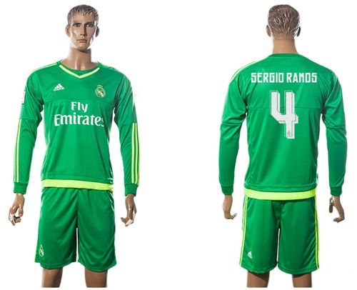 Real Madrid #4 Sergio Ramos Green Long Sleeves Soccer Club Jersey