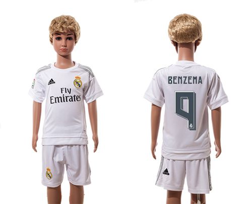 Real Madrid #9 Benzema White Home Kid Soccer Club Jersey