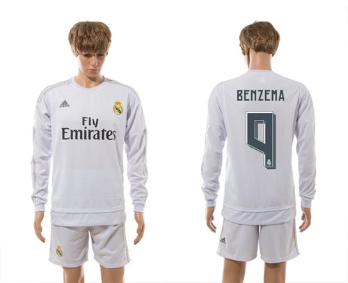 Real Madrid #9 Benzema White Home Long Sleeves Soccer Club Jersey