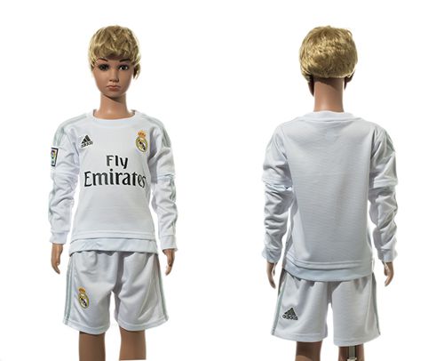 Real Madrid Blank White Home Long Sleeves Kid Soccer Club Jersey