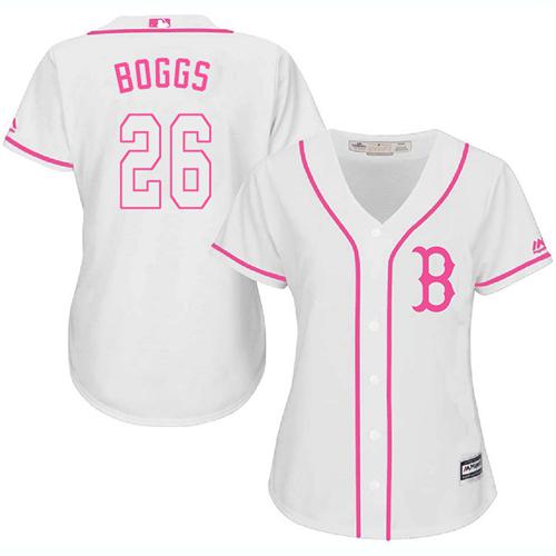 Red Sox #26 Wade Boggs White Pink Fashion Women's Stitched MLB Jersey