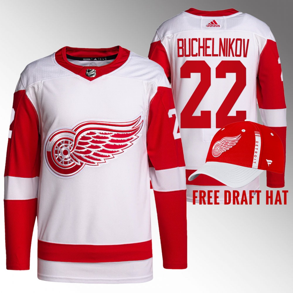 Red Wings 2022 NHL Draft Dmitri Buchelnikov White Jersey Authentic Primegreen Away