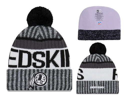 Redskins Black White 2017 NFL Sideline Pom Knit Hat YD