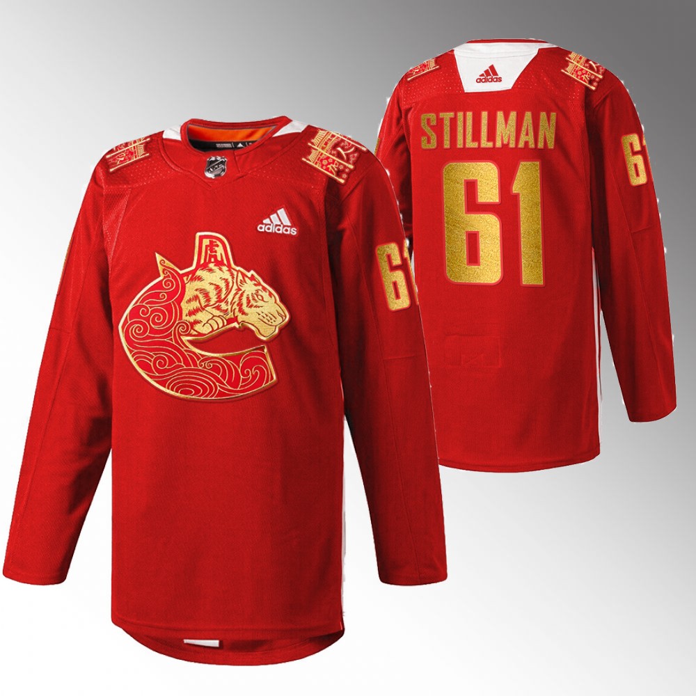 Riley Stillman Canucks Chinese New Year Jersey Red Warm Up