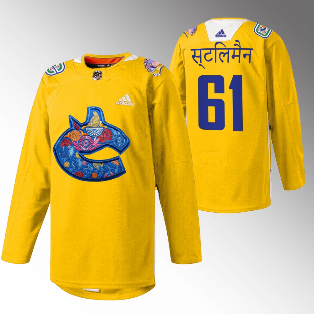 Riley Stillman Canucks Diwali Night Jersey Yellow Warmup