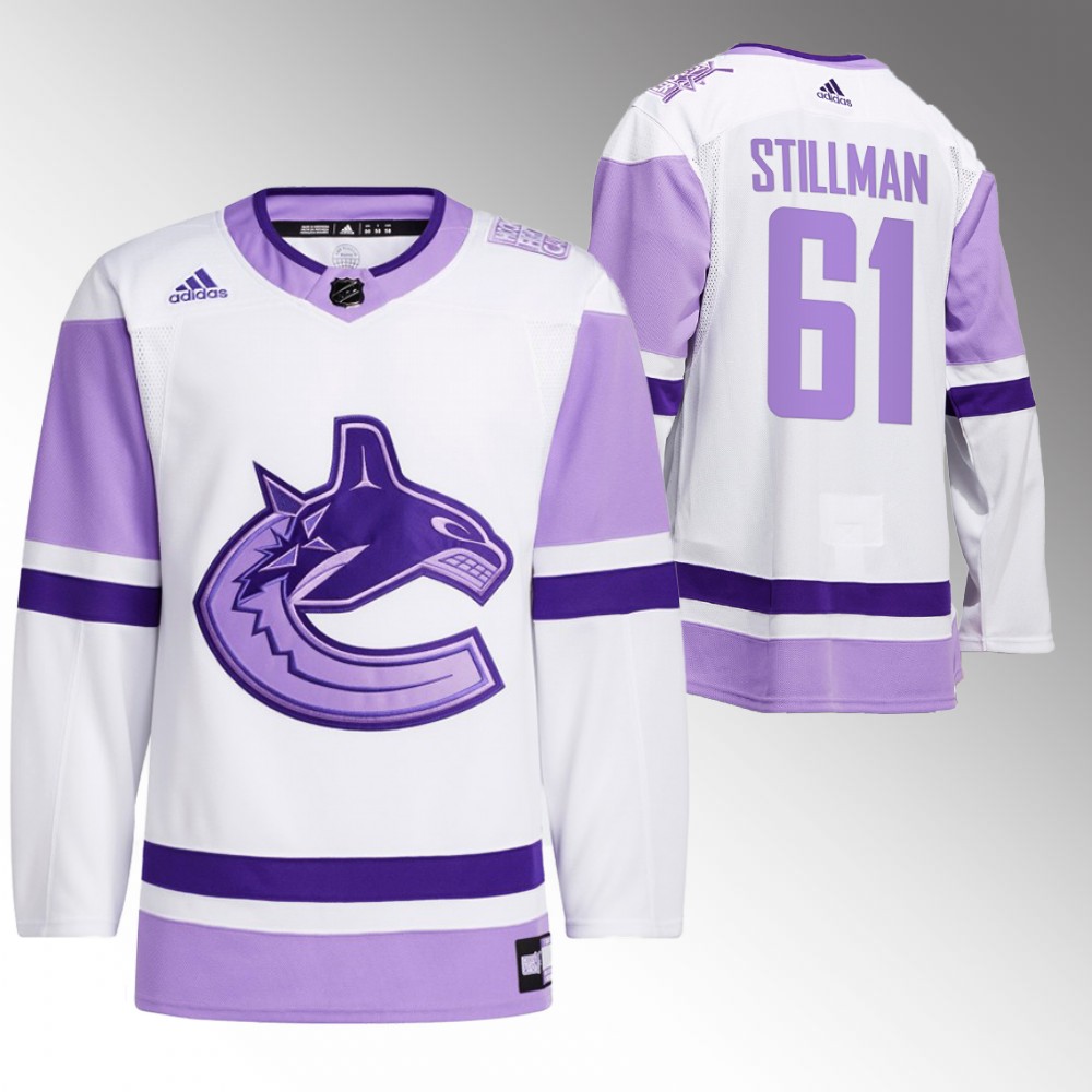 Riley Stillman Canucks Hockey Fights Cancer Jersey Purple Warm Up