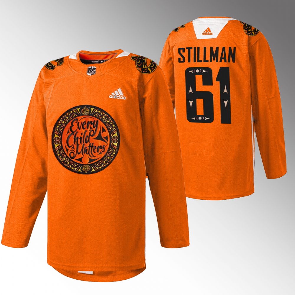 Riley Stillman Canucks National Day for Truth and Reconciliation Jersey Orange Warm Up