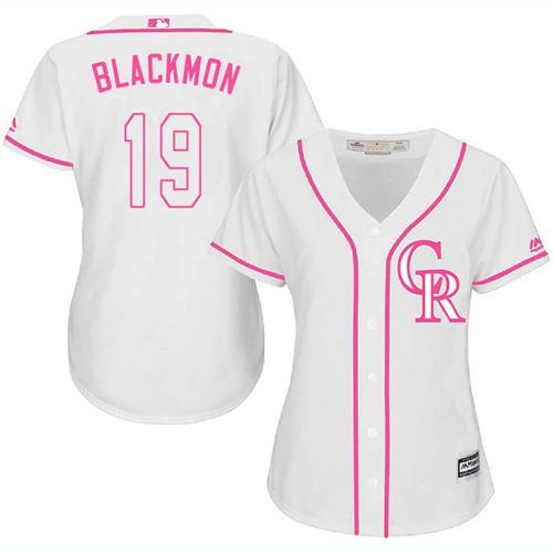 Rockies #19 Charlie Blackmon White Pink Fashion Women's Stitched MLB Jersey