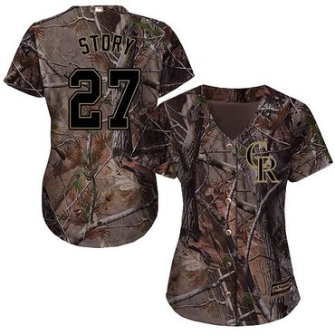 Rockies #27 Trevor Story Camo Realtree Collection Cool Base Women's Stitched Baseball Jersey