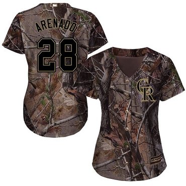 Rockies #28 Nolan Arenado Camo Realtree Collection Cool Base Women's Stitched Baseball Jersey