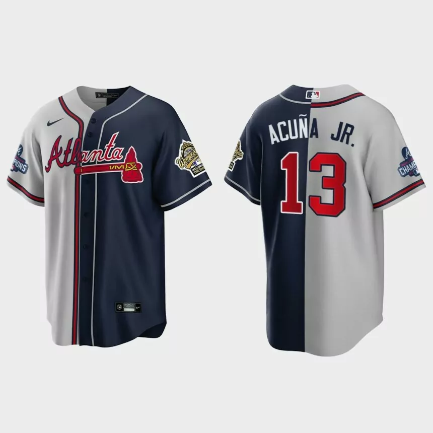 Ronald Acuna Jr. Atlanta Braves 2021 World Series Champions 1995 Throwback Split Jersey – Gray Navy