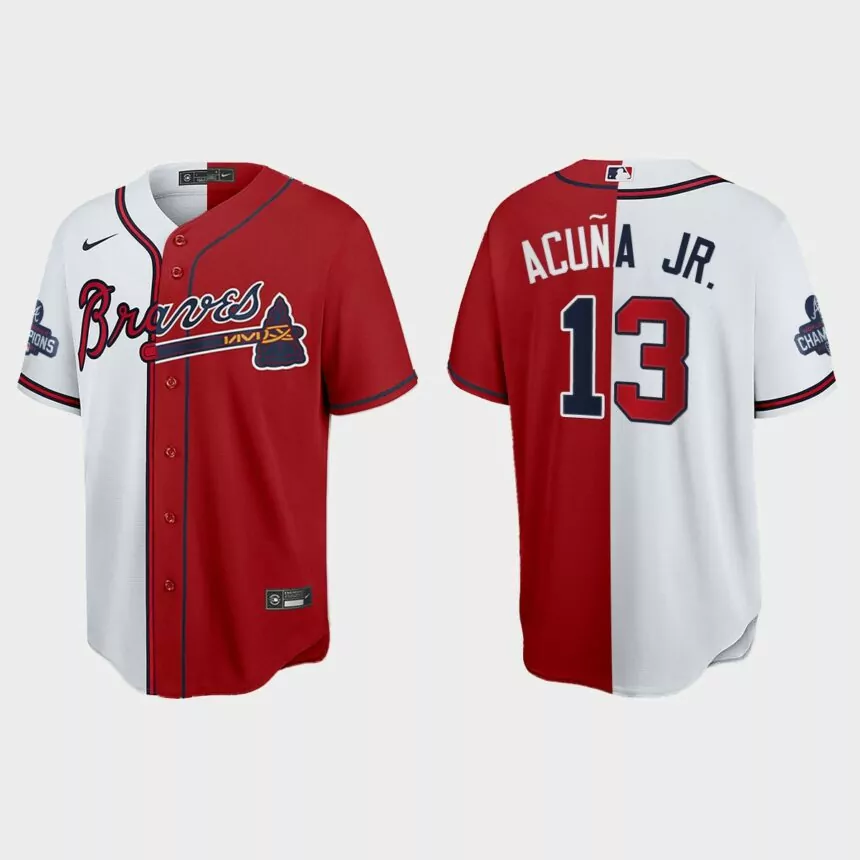 Ronald Acuna Jr. Atlanta Braves 2021 World Series Champions Split Jersey – Red White