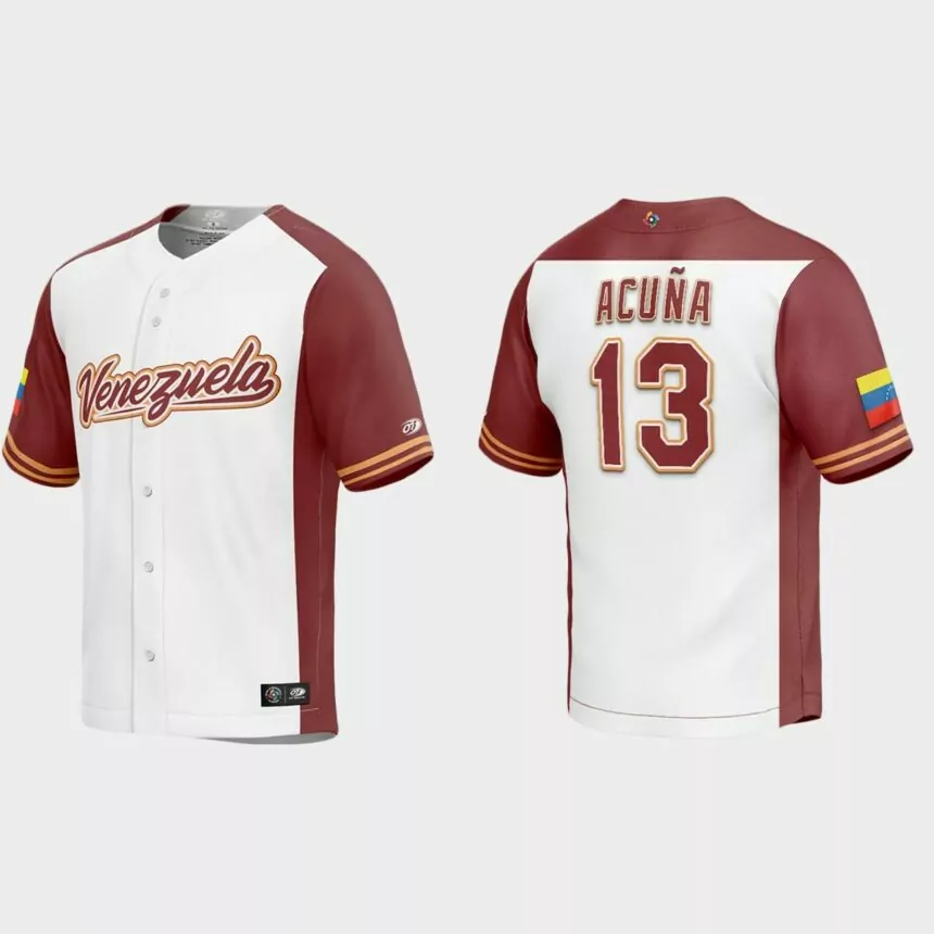 Ronald Acuna Jr. Venezuela Baseball 2023 World Baseball Classic Replica Jersey – White Burgundy