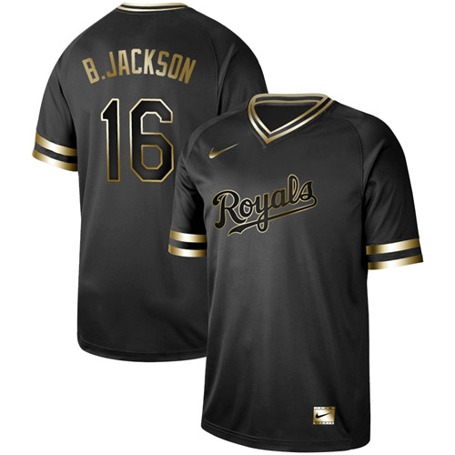 Royals 16 Bo Jackson Black Gold Nike Cooperstown Collection Legend V Neck Jersey