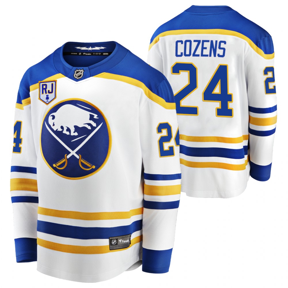 Sabres #24 Dylan Cozens White 2022 Honor Rick Jeanneret patch Jersey