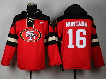 San Francisco 49ers #16 Joe Montana Black_Red Sawyer Hooded Sweatshirt Stitched Jersey