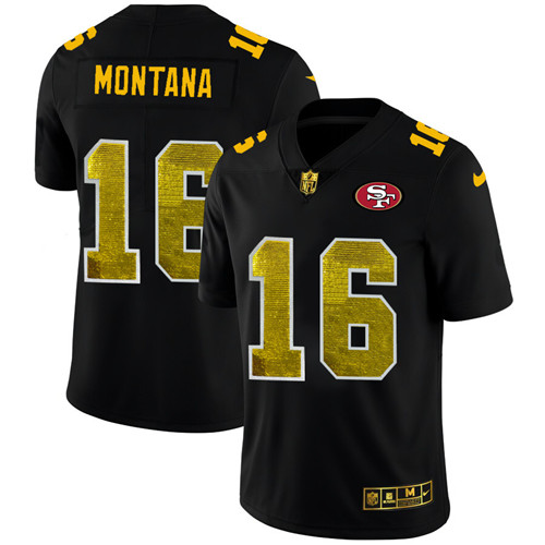 San Francisco 49ers #16 Joe Montana Men's Black Nike Golden Sequin Vapor Limited NFL Jersey