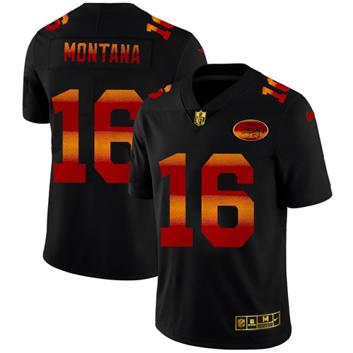 San Francisco 49ers #16 Joe Montana Men's Black Nike Red Orange Stripe Vapor Limited NFL Jersey