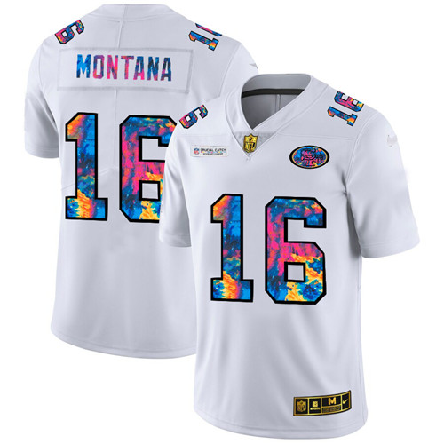 San Francisco 49ers #16 Joe Montana Men's White Nike Multi-Color 2020 NFL Crucial Catch Limited NFL Jersey