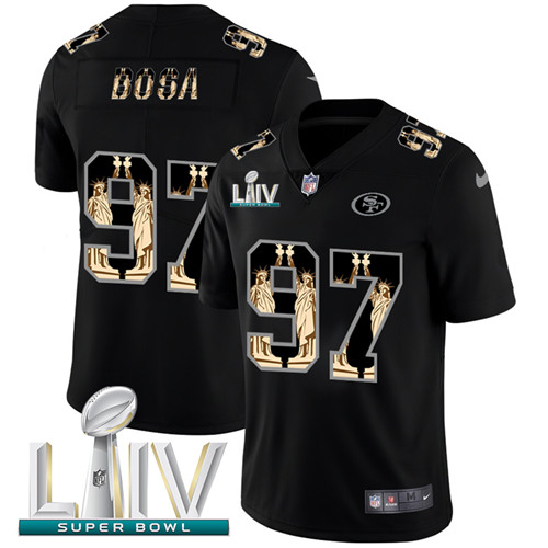 San Francisco 49ers #97 Nick Bosa Carbon Black Super Bowl LIV 2020 Vapor Statue Of Liberty Limited NFL Jersey