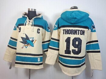 San Jose Sharks #19 Joe Thornton Cream Sawyer Hooded Sweatshirt Stitched NHL Jersey