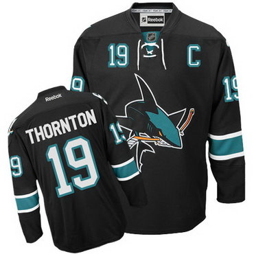 San Jose Sharks 19 Joe Thornton Black Jersey C Patch