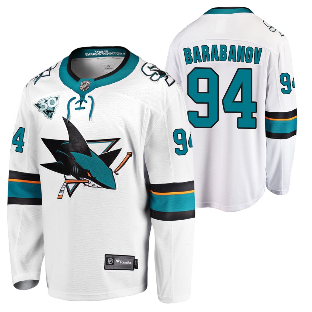 San Jose Sharks Alexander Barabanov White Away 30th Anniversary 2021 Jersey