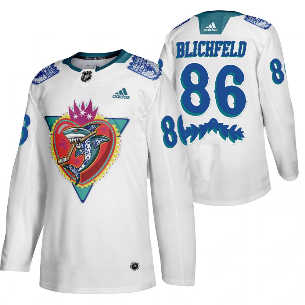 San Jose Sharks Joachim Blichfeld White 2021 Los Tiburones Night Special Jersey
