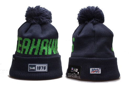 Seahawks Team Logo Navy 100th Season Pom Knit Hat YD