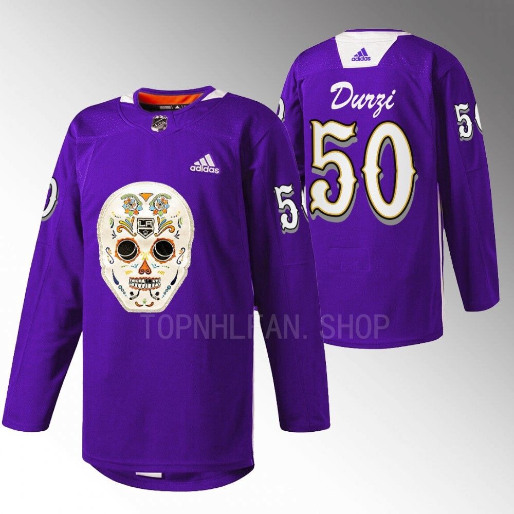Sean Durzi LA Kings Dia De Los Metros Night Jersey Purple Sugar Skull warmup