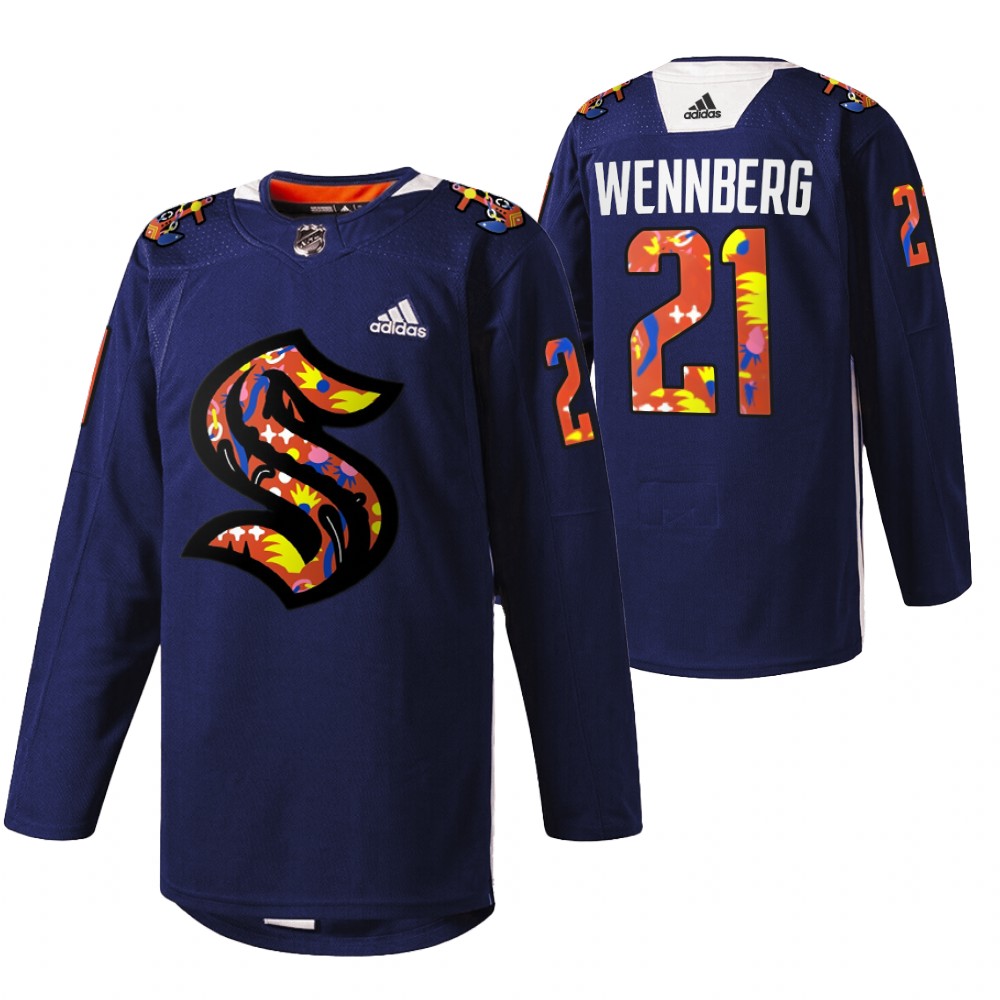Seattle Kraken Alexander Wennberg 2022 Women of Hockey Stevie Artwork Warmup Jersey Navy