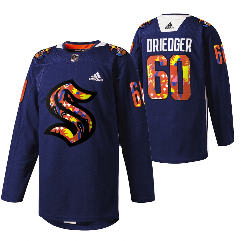Seattle Kraken Chris Driedger 2022 Women of Hockey Stevie Artwork Warmup Jersey Navy