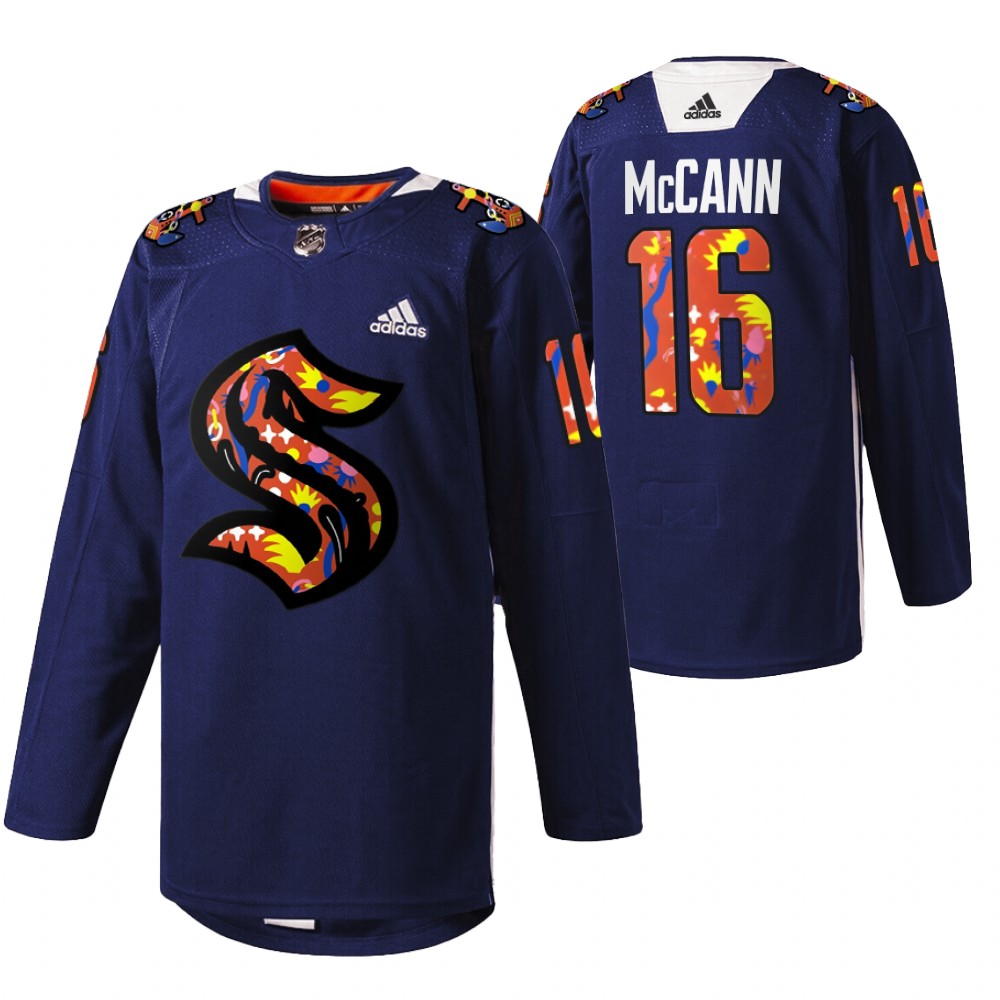 Seattle Kraken Jared McCann 2022 Women of Hockey Stevie Artwork Warmup Jersey Navy
