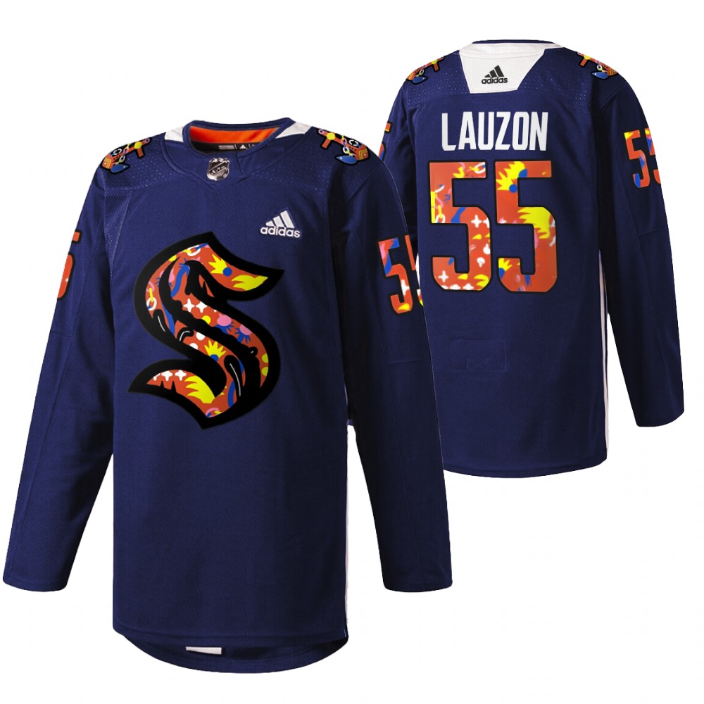 Seattle Kraken Jeremy Lauzon 2022 Women of Hockey Stevie Artwork Warmup Jersey Navy