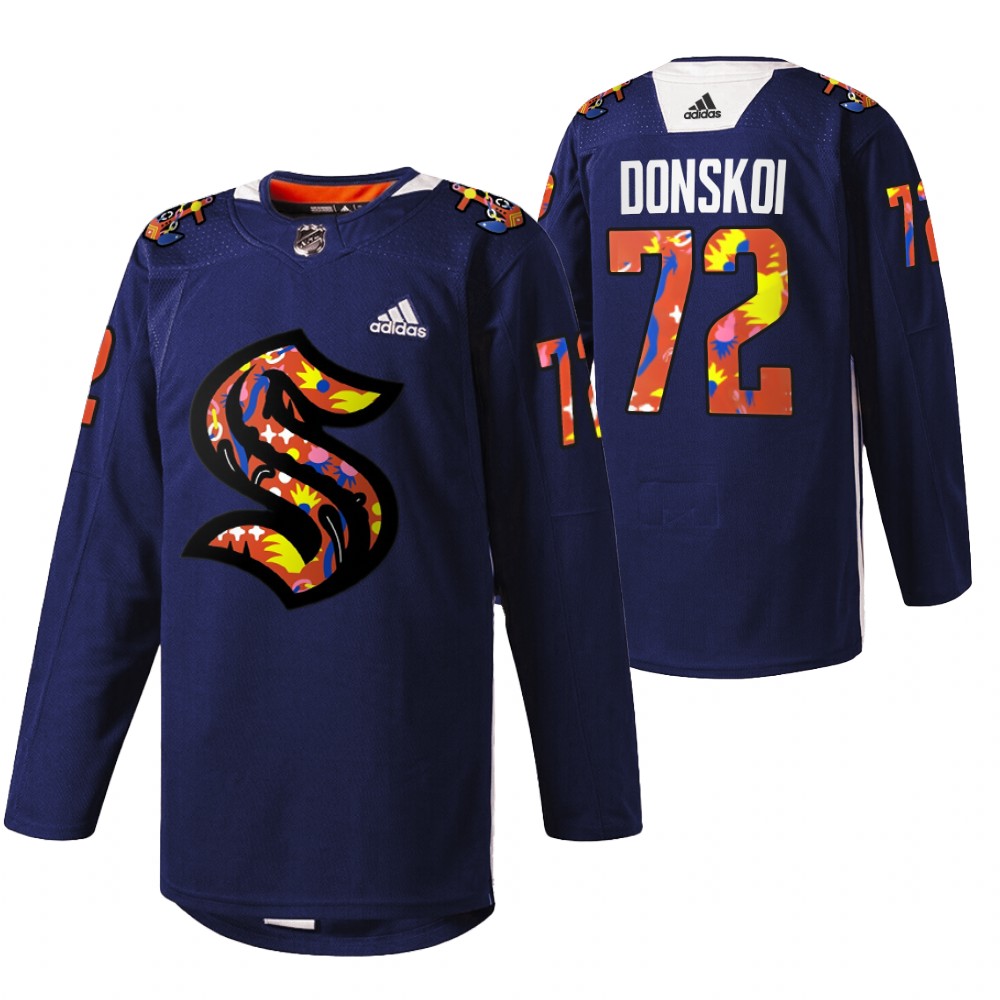 Seattle Kraken Joonas Donskoi 2022 Women of Hockey Stevie Artwork Warmup Jersey Navy